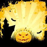 Grungy Halloween background with pumpkin house and bats
