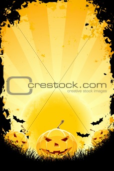 Halloween background with pumpkins bats and full moon