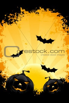 Grungy Halloween background with pumpkins bats and full moon