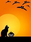 Halloween Carved Pumpkin Cat Moon and Bats