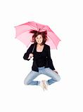 Jumping woman with umbrella