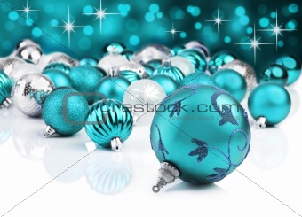 Blue christmas ornament baubles with star background