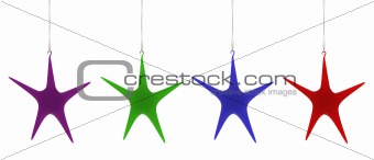 Christmas star decorations hanging on white background