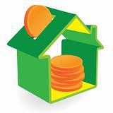 Green home moneybox with coins