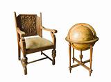 Old wooden chair and Old wooden globe