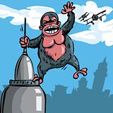 Cartoon King Kong hanging on a skyscraper