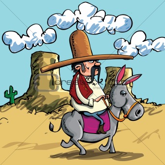 Cartoon Mexican wearing a sombrero riding a donkey