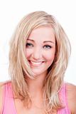 portrait of a young blond woman in pink top smiling - isolated on white