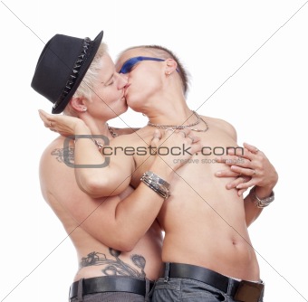 two lesbian woman with punk hairstyle kissing - isolated om white