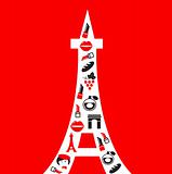Retro Paris Tower silhouette with icons isolated on red