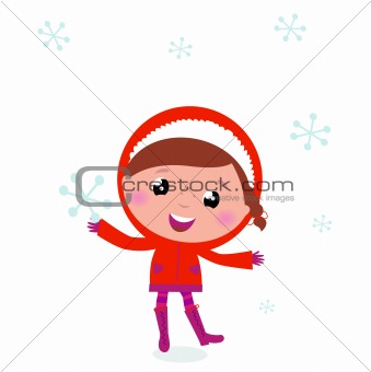 First snow: cute winter Child holding Snowflake

