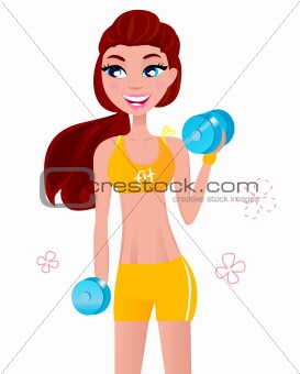 Beautiful fit blond hair woman exercising with two dumbbell weig