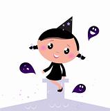 Cute little Halloween Witch with Ghosts isolated on white

