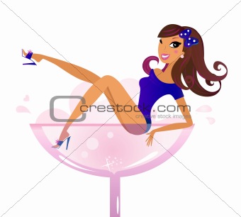 Cute Woman in pink wine Glass - isolated on white
