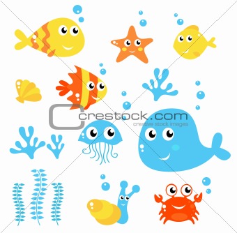 Marine Life - Sea and fishes collection isolated on white
