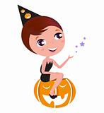 Cute Halloween Witch Girl sitting on Pumpkin head isolated on wh