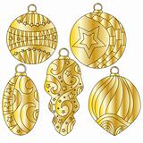 Golden festive Christmas baubles with stripes and stars