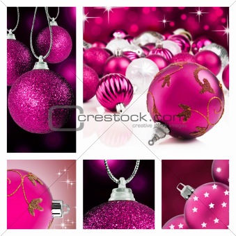 Collage of pink  christmas decorations on different backgrounds