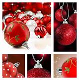 Collage of red christmas decorations on different backgrounds