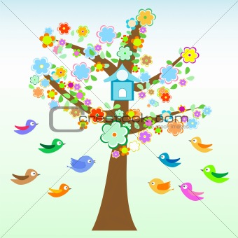Vector bird and autumn tree with flowers and leaves card