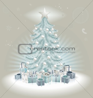 Silver blue Christmas tree, balls and gifts