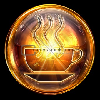 Coffee cup icon fire, isolated on black background