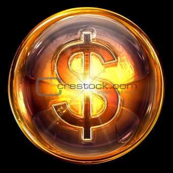 dollar icon fire, isolated on black background.