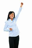 Excited happy young woman with arm raised