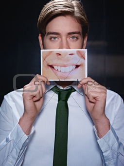 businessman with big mouth smiling at camera