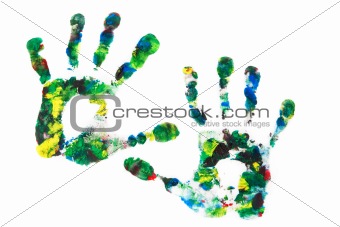 Close up of colored hand print on white background.