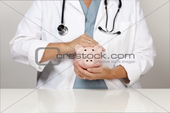 Female Doctor with Stethoscope Holding Piggy Bank Abstract.