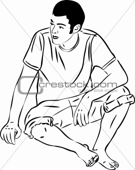 sketch barefoot boy sits leaning on the arm