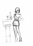 girl is black near a stool and glass of martini