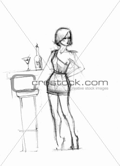 girl is black near a stool and glass of martini