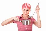 Housewife in headscarf with ladle and pan
