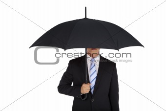 businessman holding black umbrella Isolated on white background