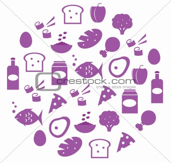Purple abstract globe with food icons isolated on white

