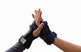 Teen arms in roller wrist guards salutation isolated