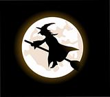 A cartoon witch flying on a broomstick