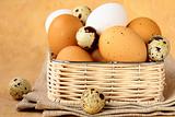 Group of brown and white hen's eggs in wicker basket