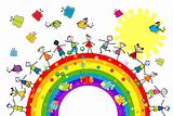 Doodle kids playing on a rainbow