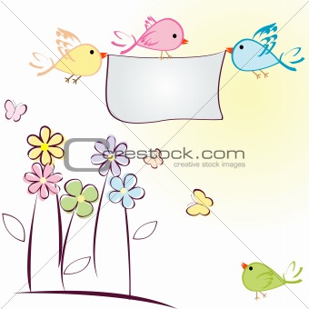 Greeting card with birds, flowers and butterflies