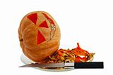 Halloween jack o lantern preparation stages carving pumpkin with
