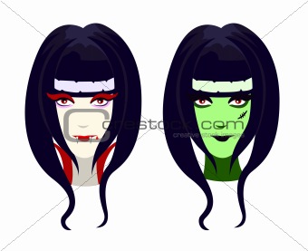 Vector characters for Halloween, vampire and zombie girl 