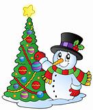 Cartoon snowman with Christmas tree