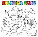 Coloring book fishing penguin