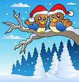 Two cute birds with Christmas hats
