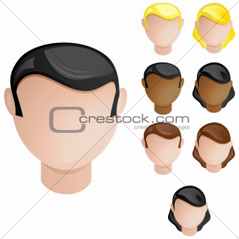 People Heads Male and Female. Set of 4 hair and skin colors