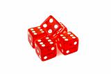 Detail of five red dice on white background