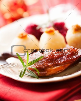 Roasted duck leg with potato dumplings for christmas